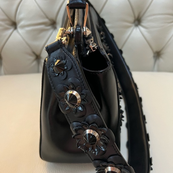 Fendi Dotcom Black Leather Bag Flowers Studded with Matching Strap Satchel - Picture 6 of 14